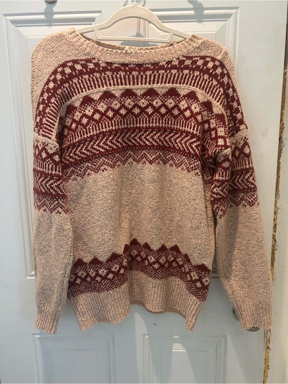 Cozy Fair Isle Crewneck Sweater in Cream and Burgundy